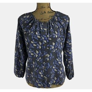 Bayla Jane Blouse SMALL Gray Ivory Blue Leaf 100% Silk Top  Oversize Flowy Boho